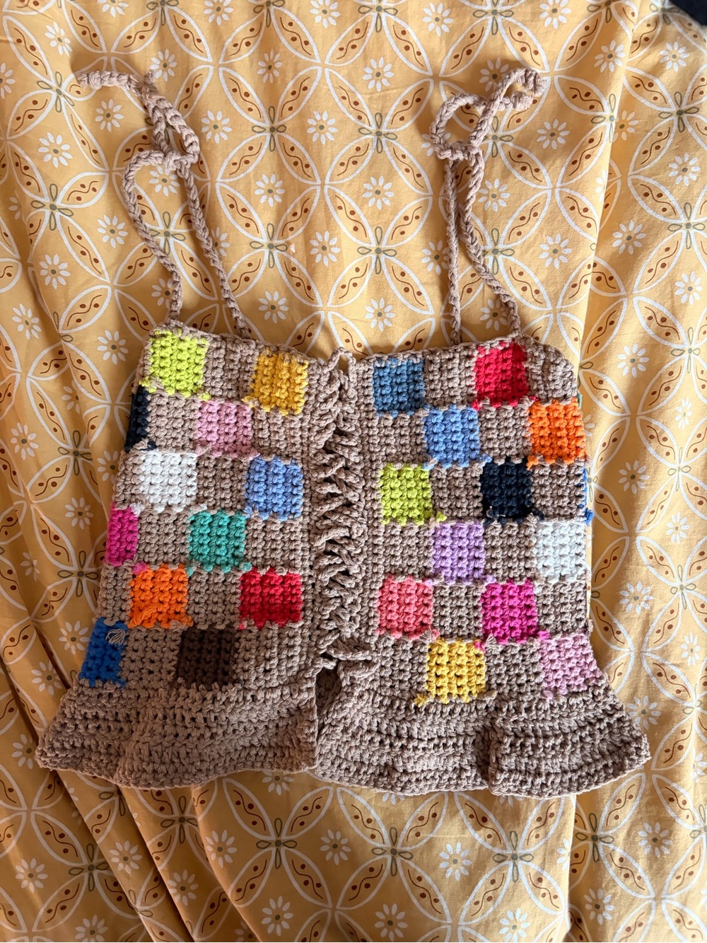 Handmade one of a kind Crochet Beige Patchwork Crop Top with Multicolor Squares